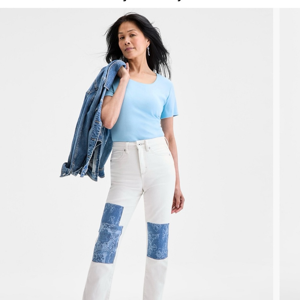 Macy’s Women's White and Blue Patchwork Jeans 12 Petite